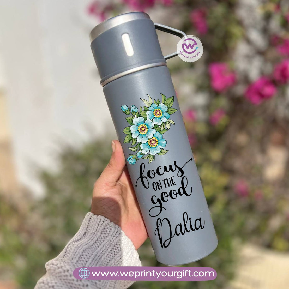 Floral Name Thermal Flask with Two Extra Cups – 500ml