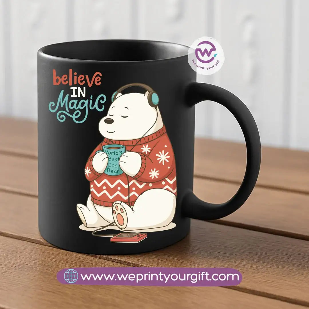 Black Classic Mug – 350 ml | Three Christmas Bears Designs | UV Raised Sticker Printing - WE PRINT
