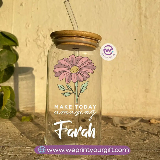 Round Glass Mug with Bamboo Lid & Glass Straw | Floral Motivational Design - WE PRINT