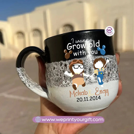 Black & White Handmade Pottery Mug – 350 ml | Valentine Up Cartoon Theme - WE PRINT