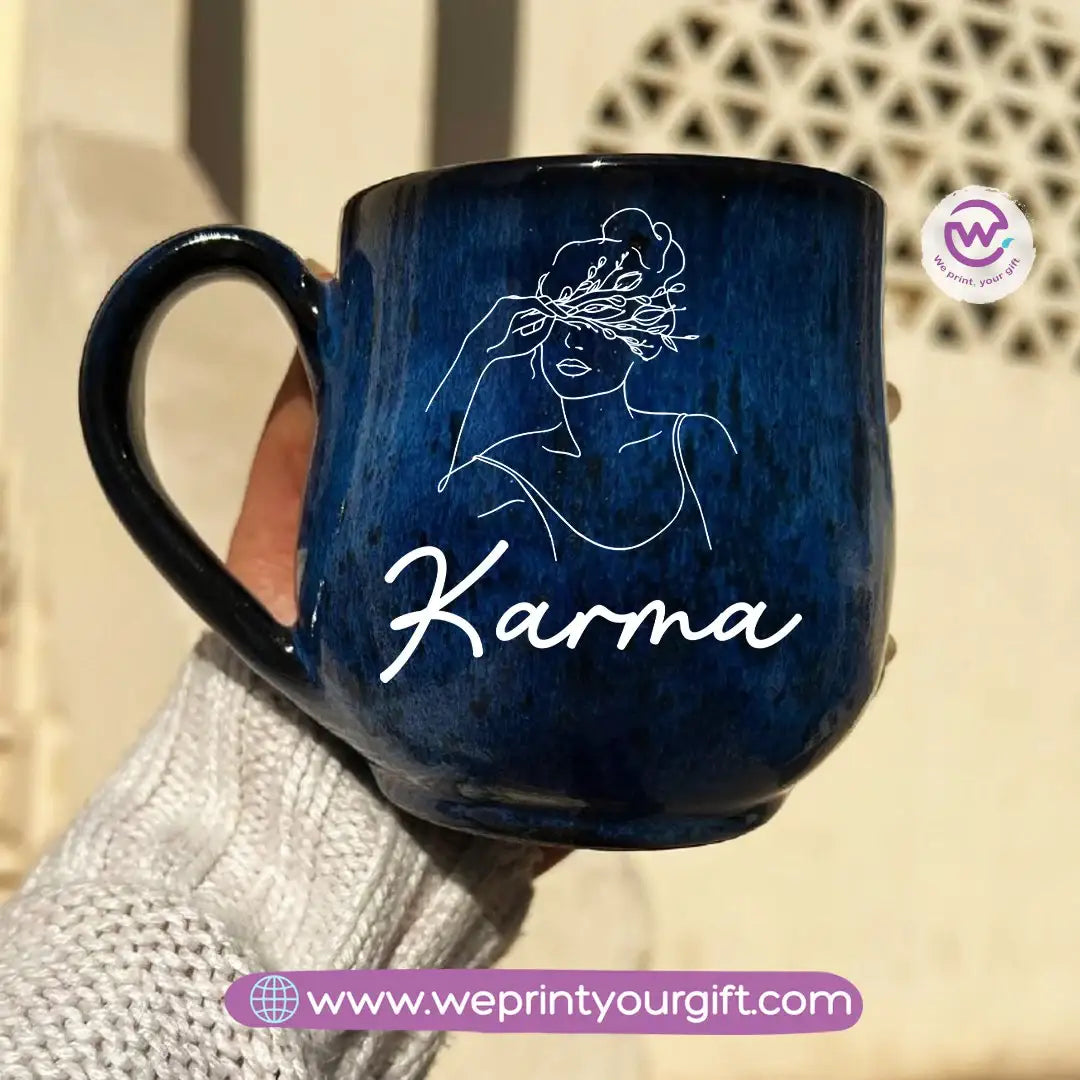Dark Blue Handmade Pottery Mug – 350 ml | Personalized Name & Line Art Designs - WE PRINT
