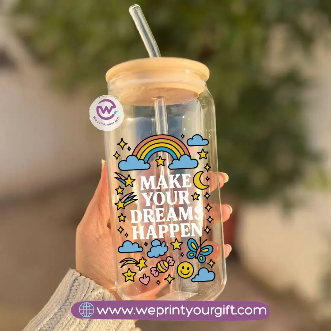 Round Glass Mug with Bamboo Lid & Glass Straw | Motivational Doodle Designs – 400 ml - WE PRINT