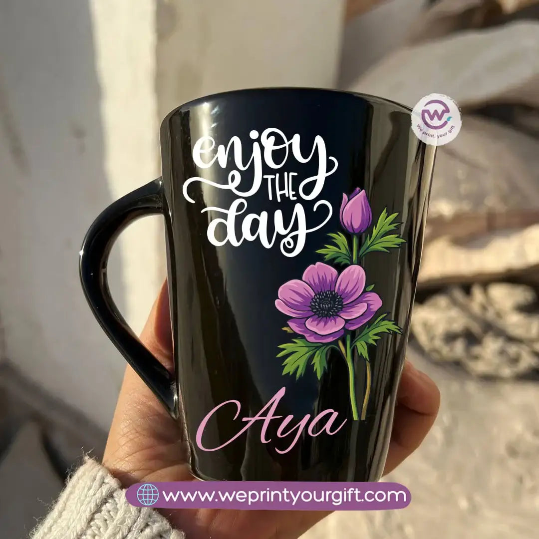 Purple-Themed Digital Art Edition Black Conical Porcelain Mug – 350 ml | UV Raised Sticker Printing - WE PRINT