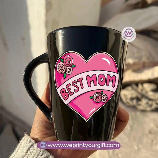 Mom Love Edition Black Conical Porcelain Mug – 350 ml | Artistic Mother-Inspired Designs | UV Raised Sticker Printing - WE PRINT