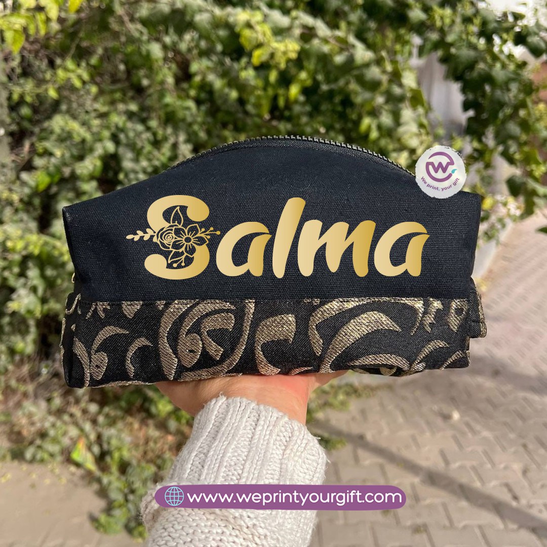 Islamic Pattern Golden Name Boxy Pouch – Personalized Cotton Makeup & Pencil Case
