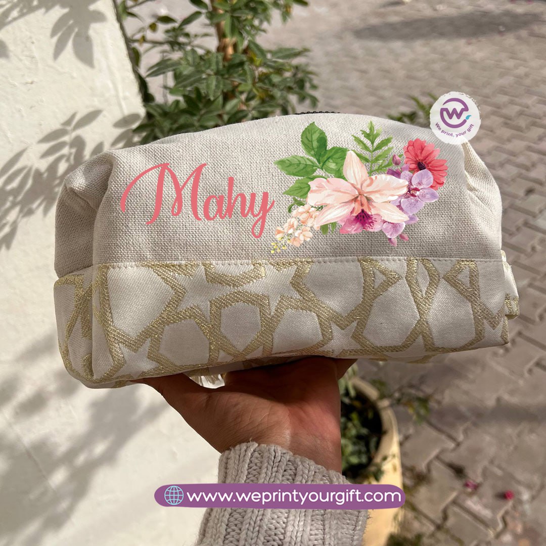 Islamic Pattern Floral Name Boxy Pouch – Personalized Cotton Makeup & Pencil Case