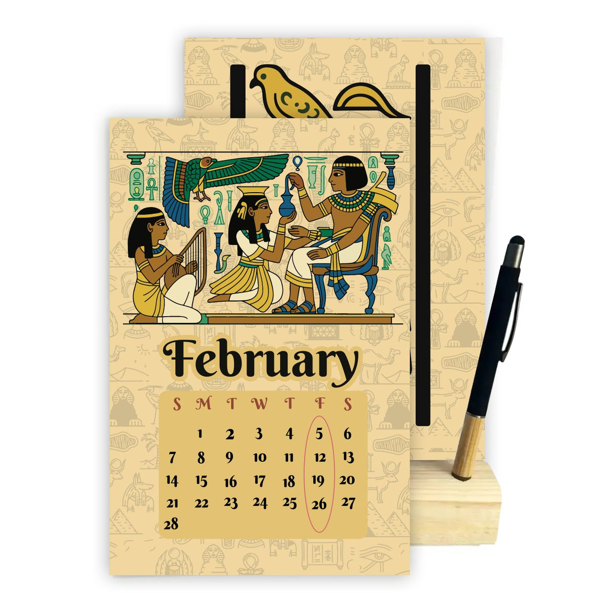 2027 Ancient Egyptian Desk Calendar – Pharaonic Art Collection | Wooden Stand & Bamboo Touch Pen