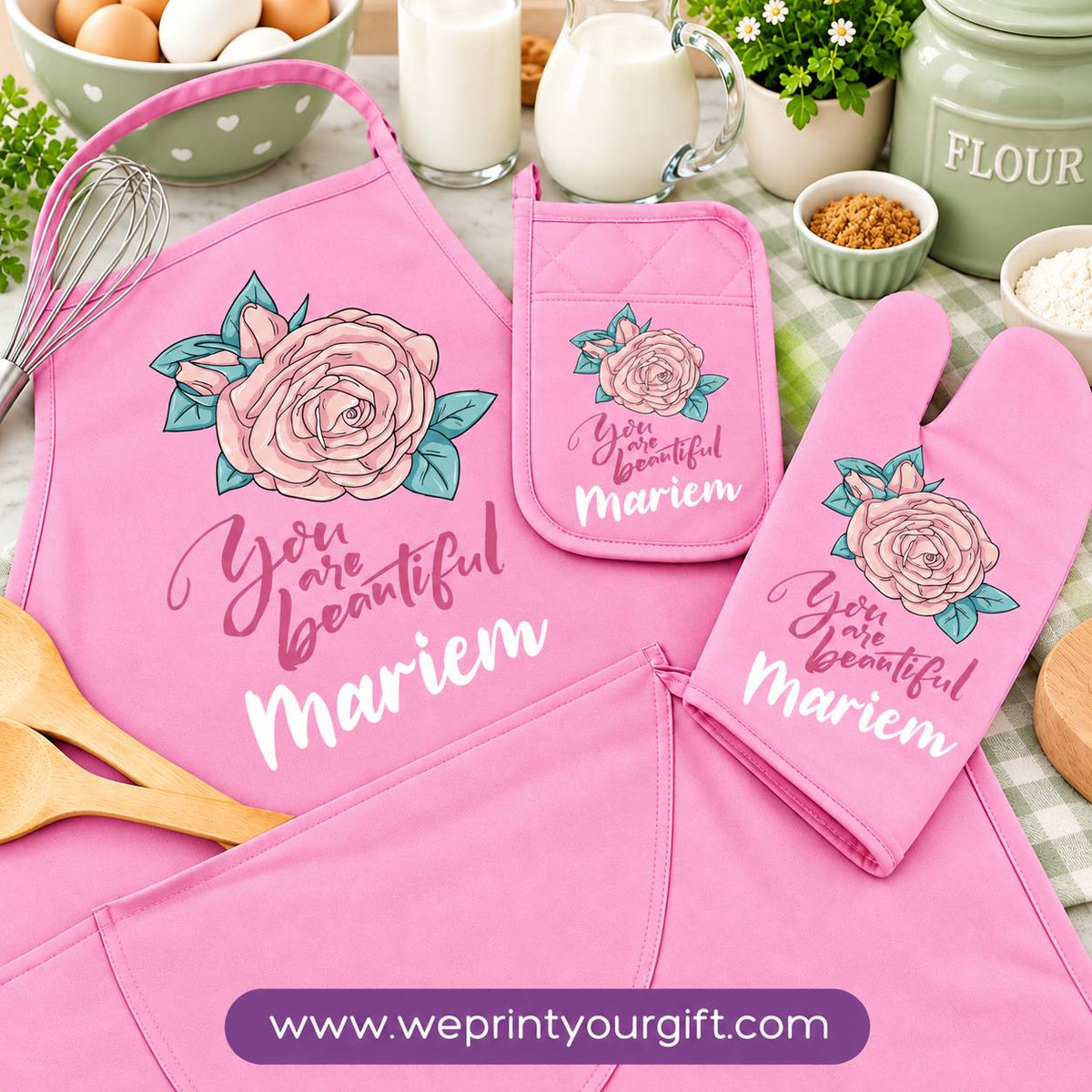 Personalized Name & Motivational Quote 3-Piece Kitchen Set (Apron, Oven Mitt & Pot Holder) + Optional Chef Hat