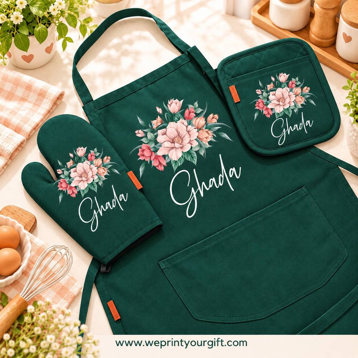 Floral Motivational Quote 3-Piece Kitchen Set (Apron, Oven Mitt & Pot Holder) + Optional Chef Hat, Personalized with Your Name
