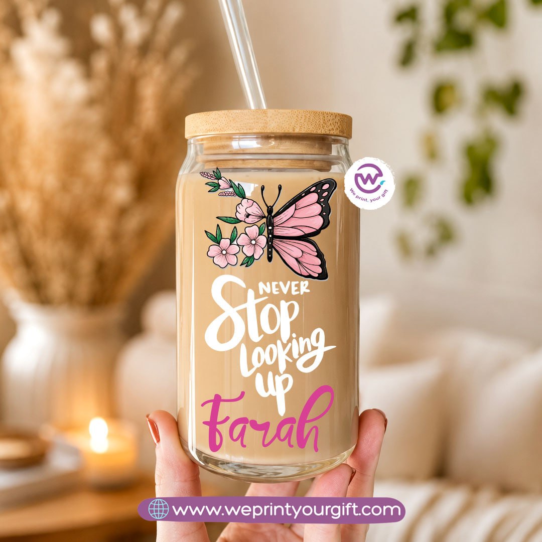 Butterfly Designs Glass Cup with Bamboo Lid & Reusable Glass Straw