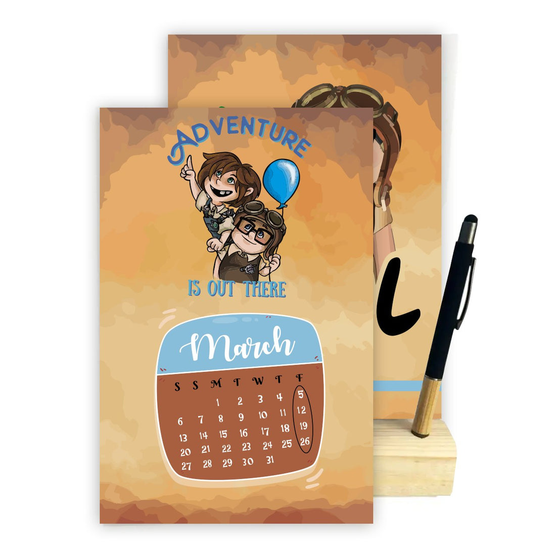 2027 Desk Calendar – Love & Balloon Adventure | Romantic Cartoon Design with Wooden Stand & Bamboo Touch Pen