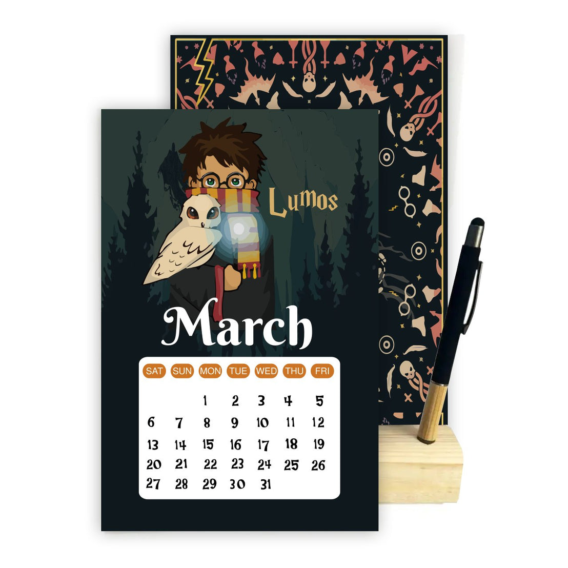 HARRY POTTER 2027 Desk Calendar – Magical Monthly Designs with Wooden Stand & Bamboo Touch Pen