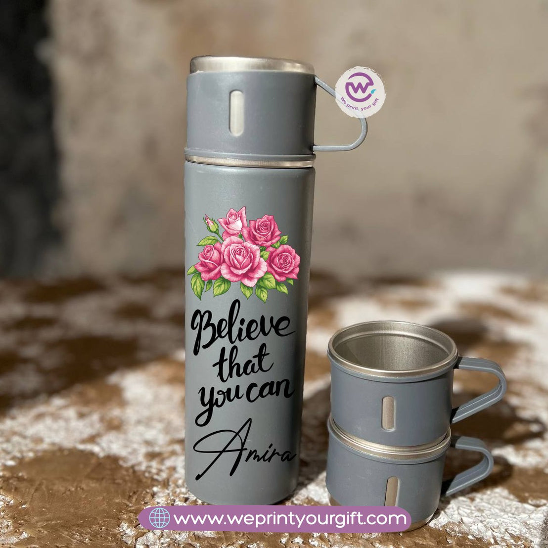 Floral Name Thermal Flask with Two Extra Cups – 500ml