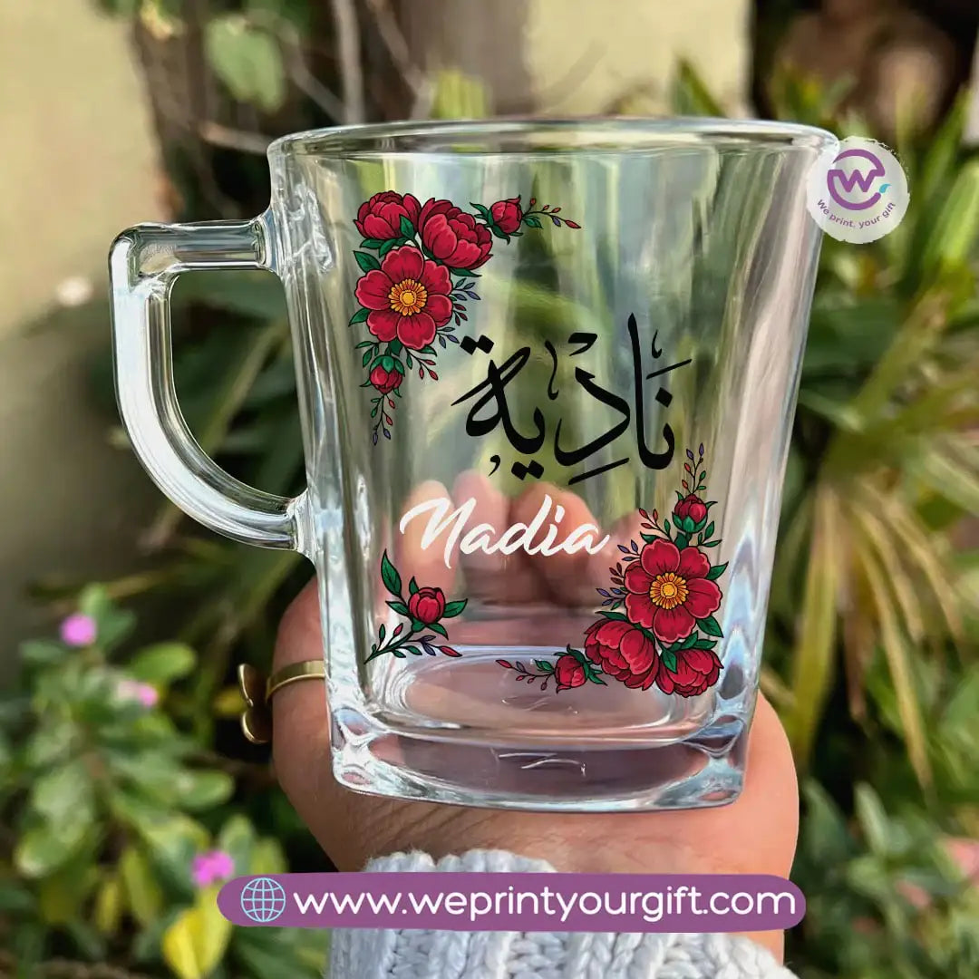 Personalized Floral Name Glass Tea Cup – 300 ml - WE PRINT