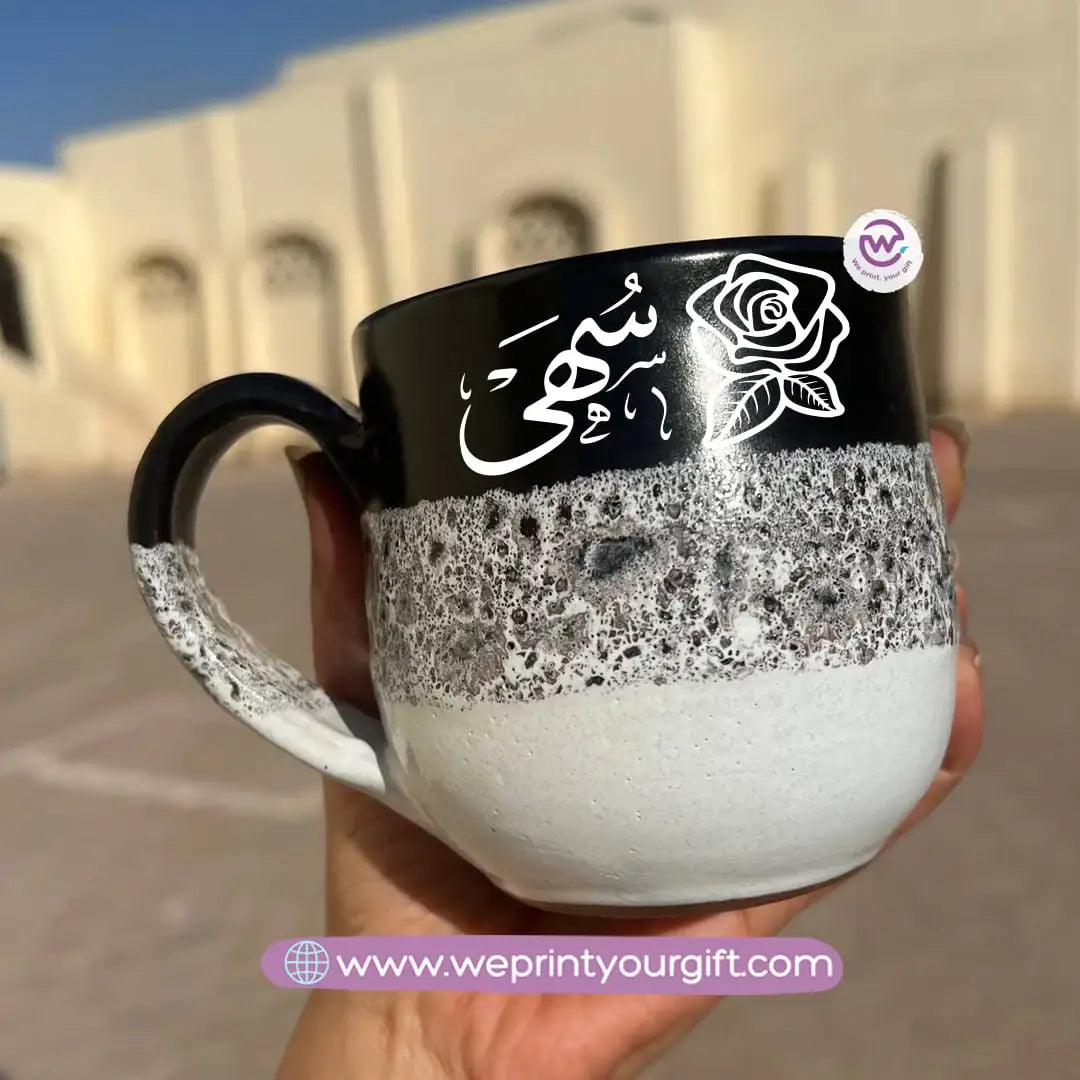 Black & White Handmade Pottery Mug – 350 ml | Arabic Name Line Art Design - WE PRINT
