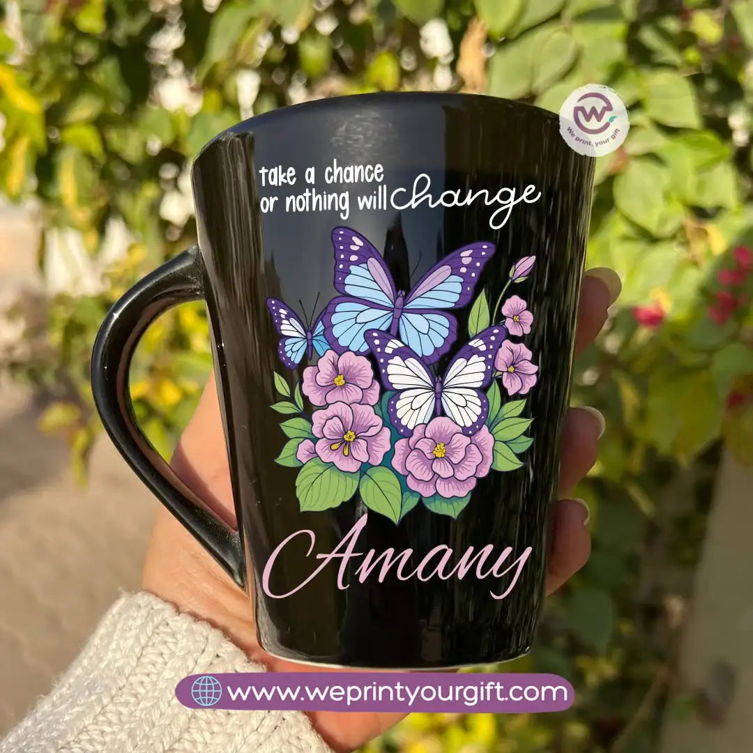 Purple-Themed Digital Art Edition Black Conical Porcelain Mug – 350 ml | UV Raised Sticker Printing - WE PRINT