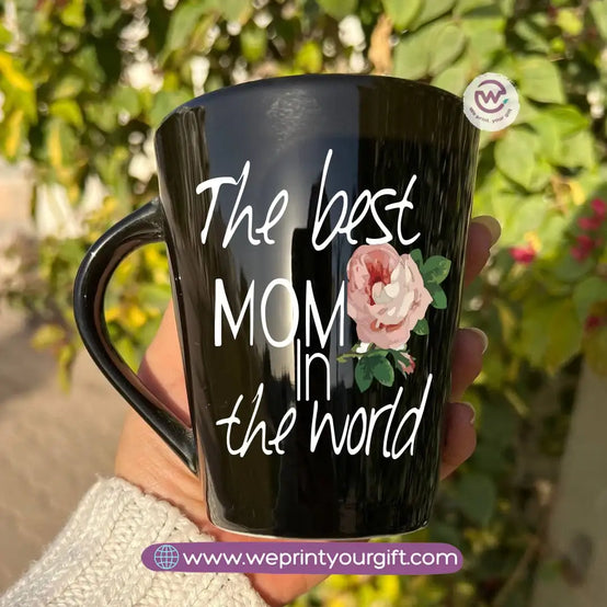Mom Love Edition Black Conical Porcelain Mug – 350 ml | Artistic Mother-Inspired Designs | UV Raised Sticker Printing - WE PRINT