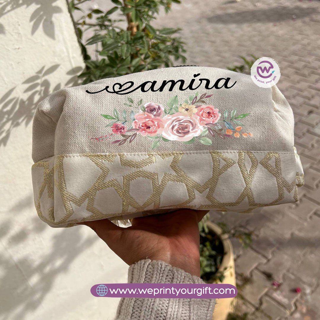Islamic Pattern Floral Name Boxy Pouch – Personalized Cotton Makeup & Pencil Case