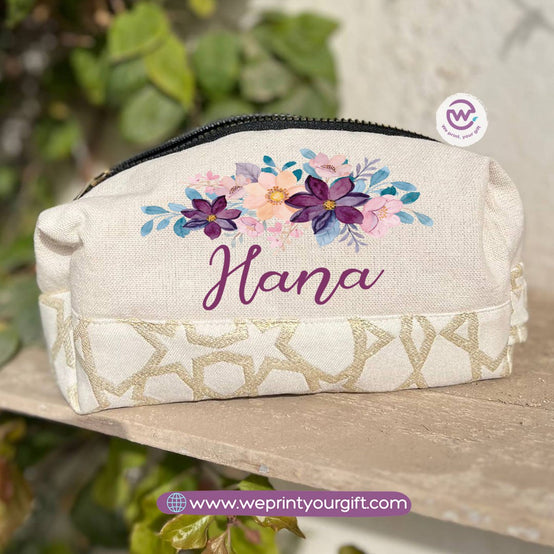 Islamic Pattern Floral Name Boxy Pouch – Personalized Cotton Makeup & Pencil Case