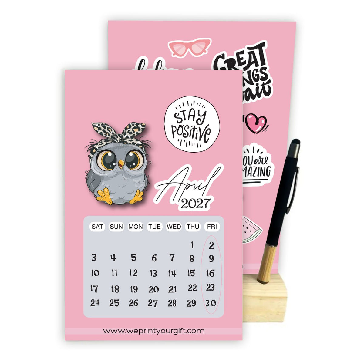 Cute Owl 2027 Desk Calendar with Wooden Stand & Bamboo Stylus Pen – Pink Motivational Collection