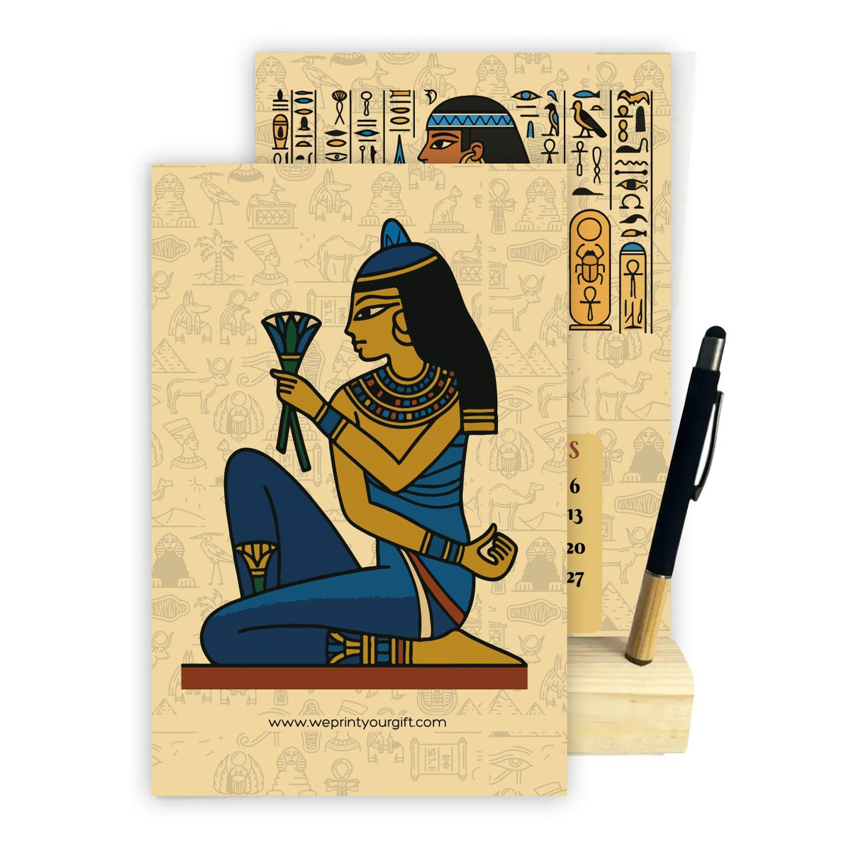 2027 Ancient Egyptian Desk Calendar – Pharaonic Art Collection | Wooden Stand & Bamboo Touch Pen
