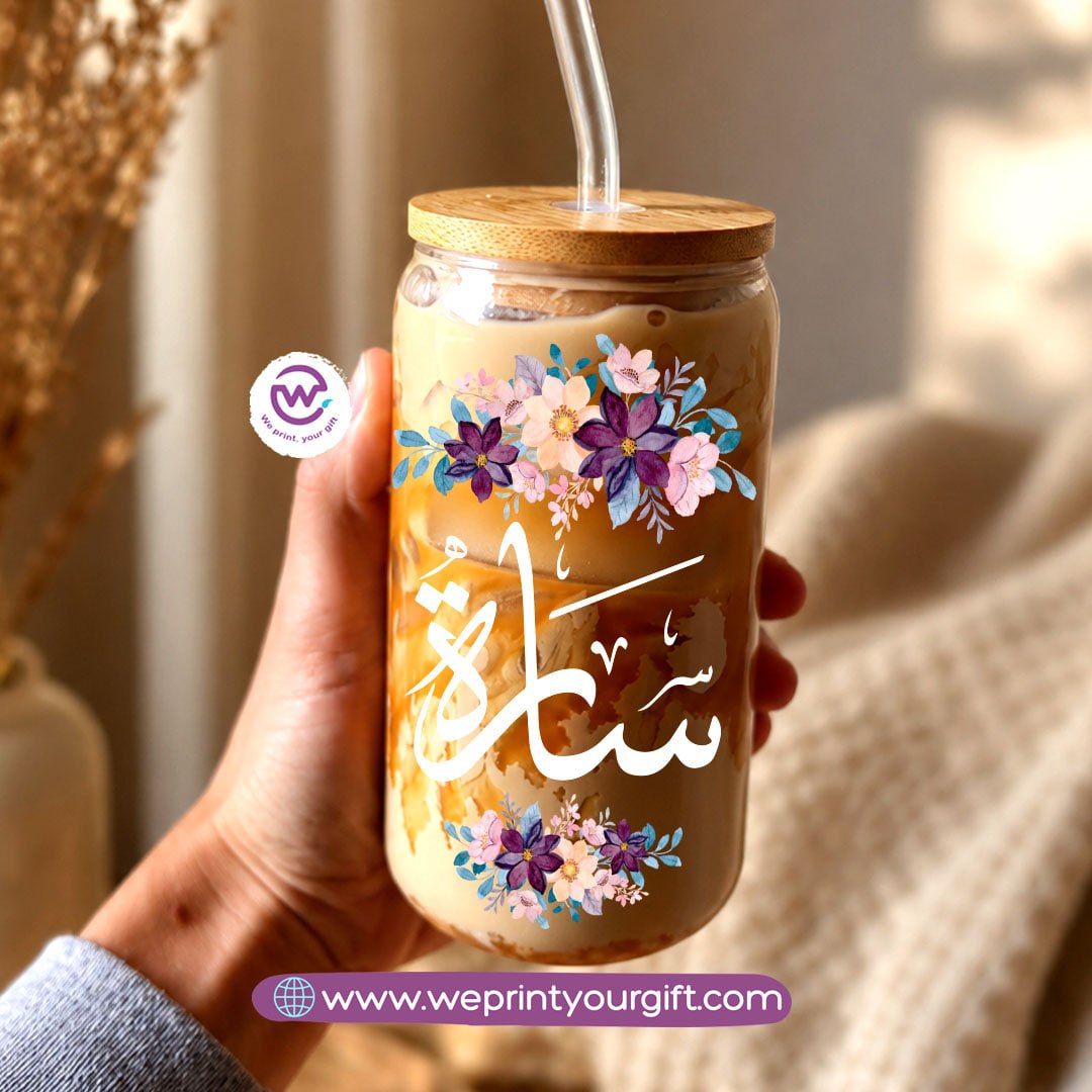Floral Name Designs Glass Cup with Bamboo Lid & Reusable Glass Straw