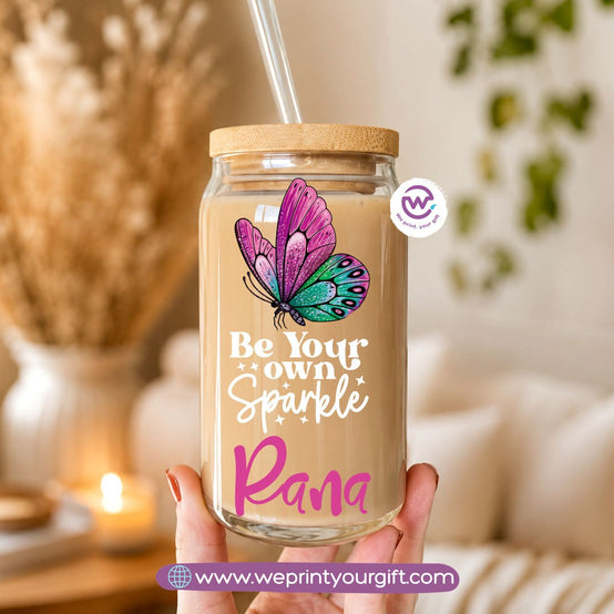 Butterfly Designs Glass Cup with Bamboo Lid & Reusable Glass Straw