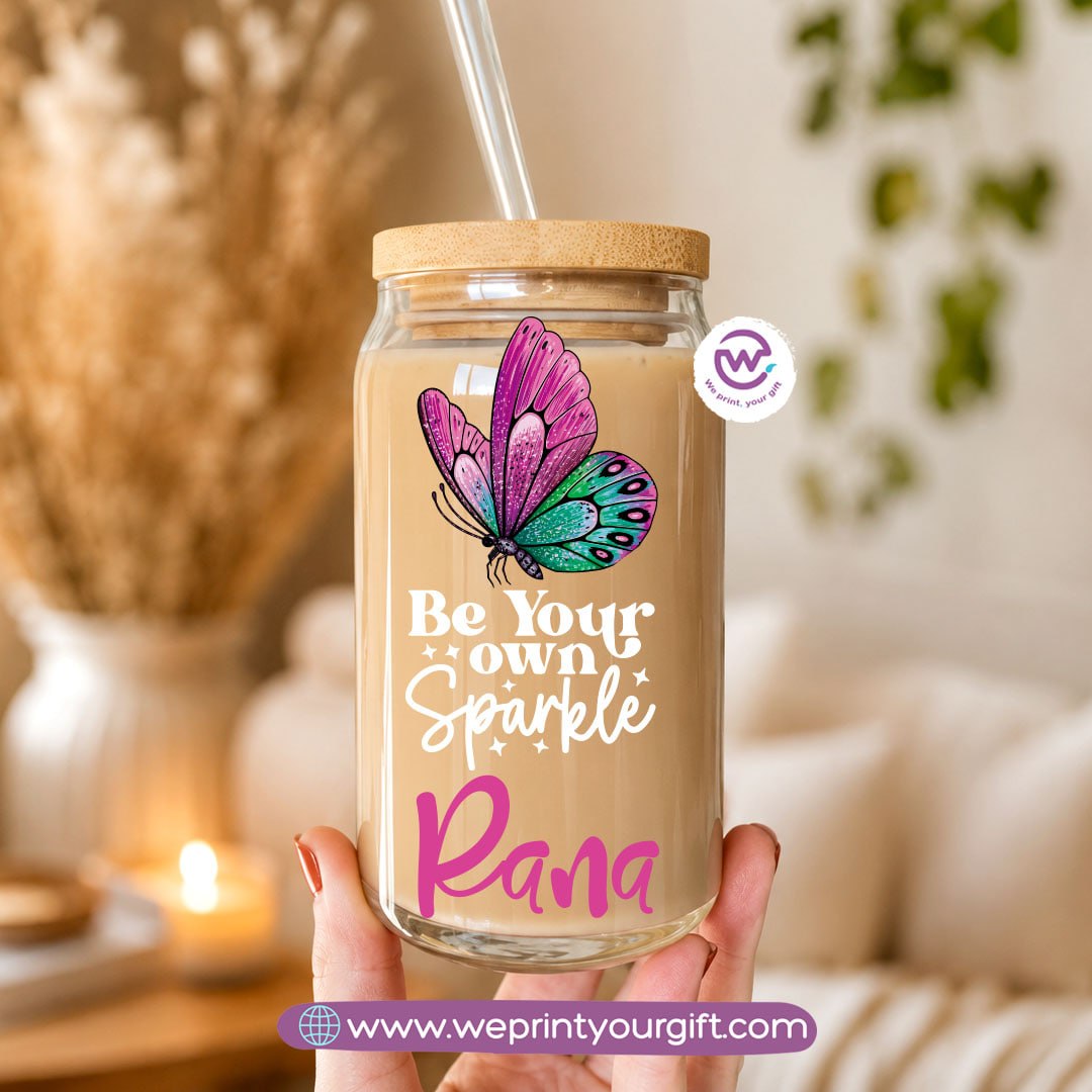 Butterfly Designs Glass Cup with Bamboo Lid & Reusable Glass Straw