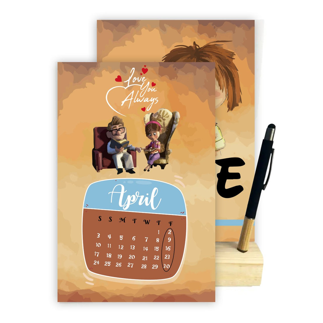 2027 Desk Calendar – Love & Balloon Adventure | Romantic Cartoon Design with Wooden Stand & Bamboo Touch Pen