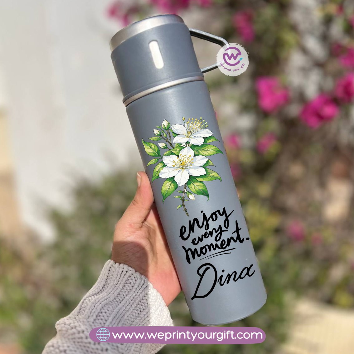 Floral Name Thermal Flask with Two Extra Cups – 500ml