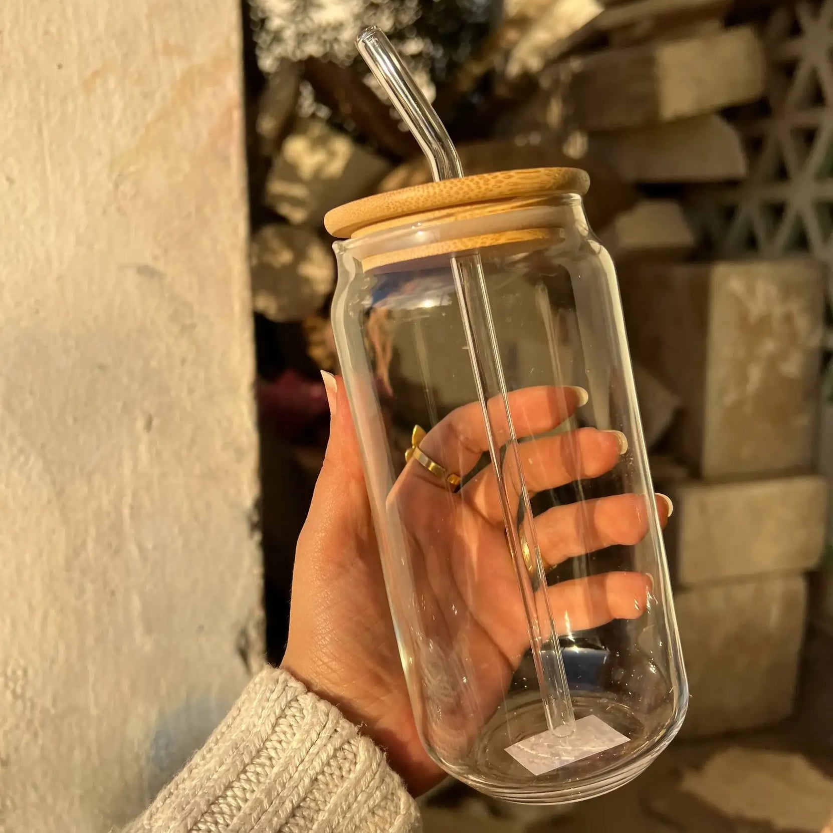 Round Glass Mug with Bamboo Lid & Glass Straw - Customization options - WE PRINT