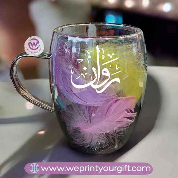 Double Wall Feather Glass Coffee Cup -Arabic Names