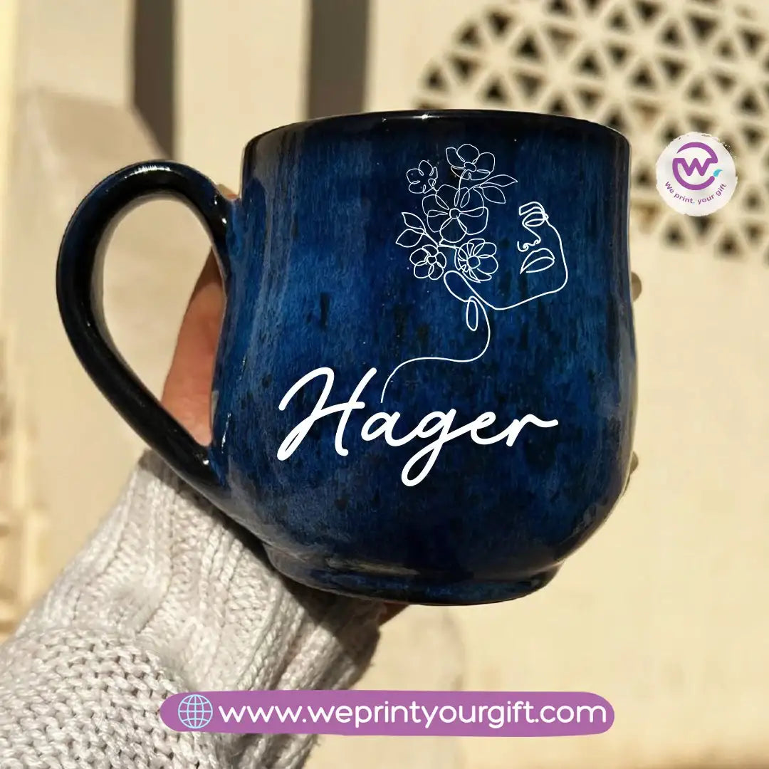 Dark Blue Handmade Pottery Mug – 350 ml | Personalized Name & Line Art Designs - WE PRINT