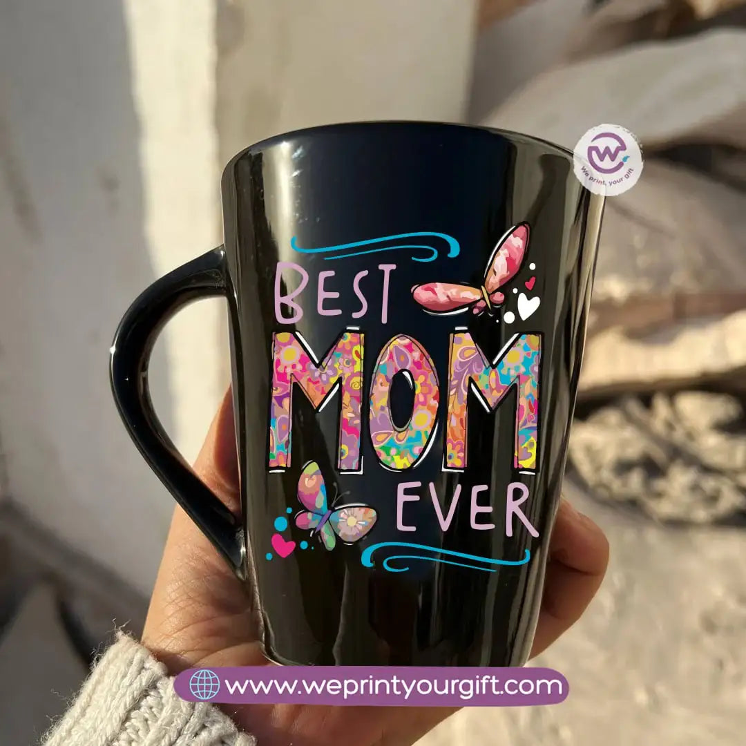 Mom Love Edition Black Conical Porcelain Mug – 350 ml | Artistic Mother-Inspired Designs | UV Raised Sticker Printing - WE PRINT