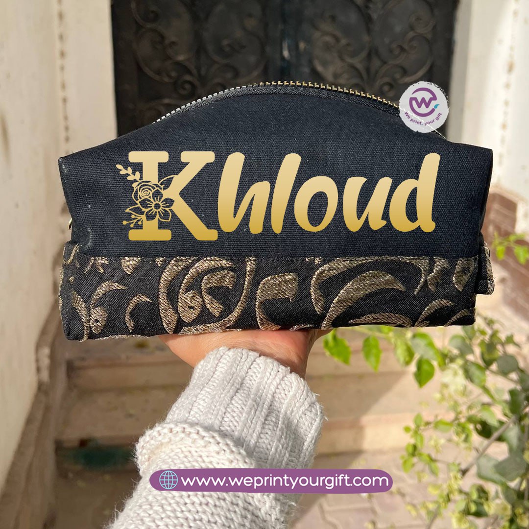 Islamic Pattern Golden Name Boxy Pouch – Personalized Cotton Makeup & Pencil Case