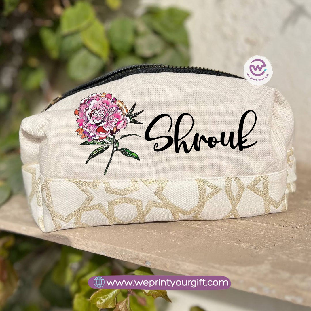 Islamic Pattern Floral Name Boxy Pouch – Personalized Cotton Makeup & Pencil Case