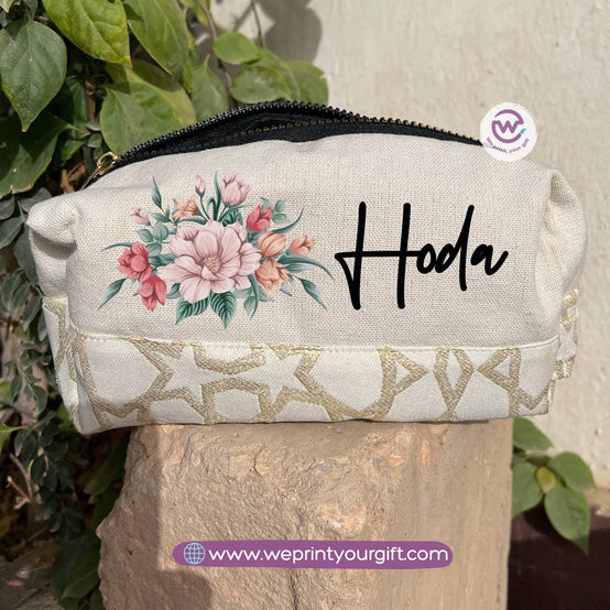 Islamic Pattern Floral Name Boxy Pouch – Personalized Cotton Makeup & Pencil Case