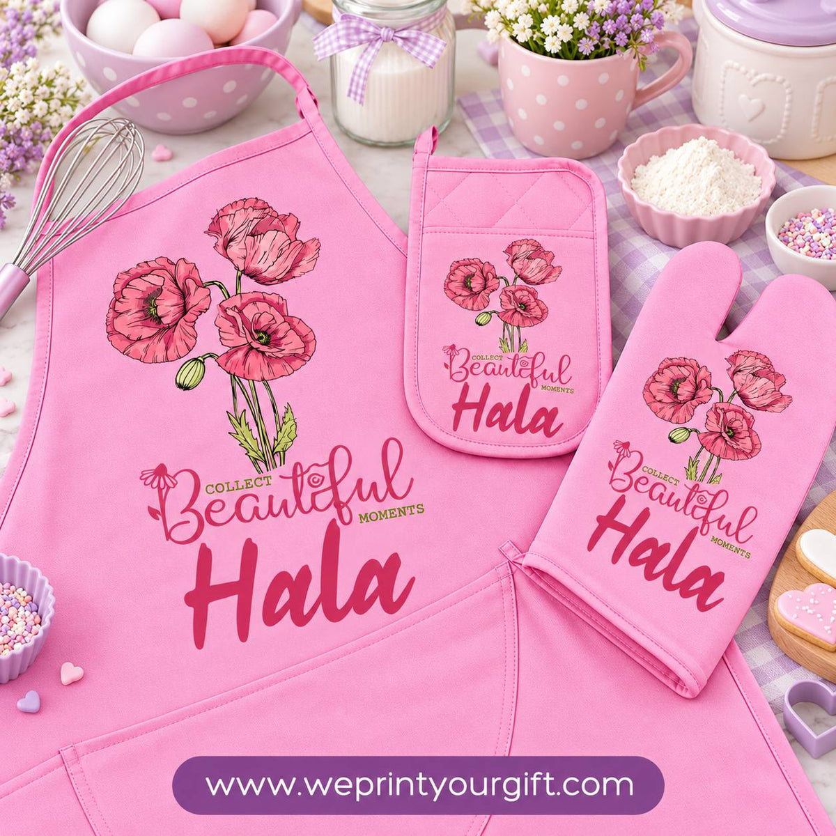 Personalized Name & Motivational Quote 3-Piece Kitchen Set (Apron, Oven Mitt & Pot Holder) + Optional Chef Hat