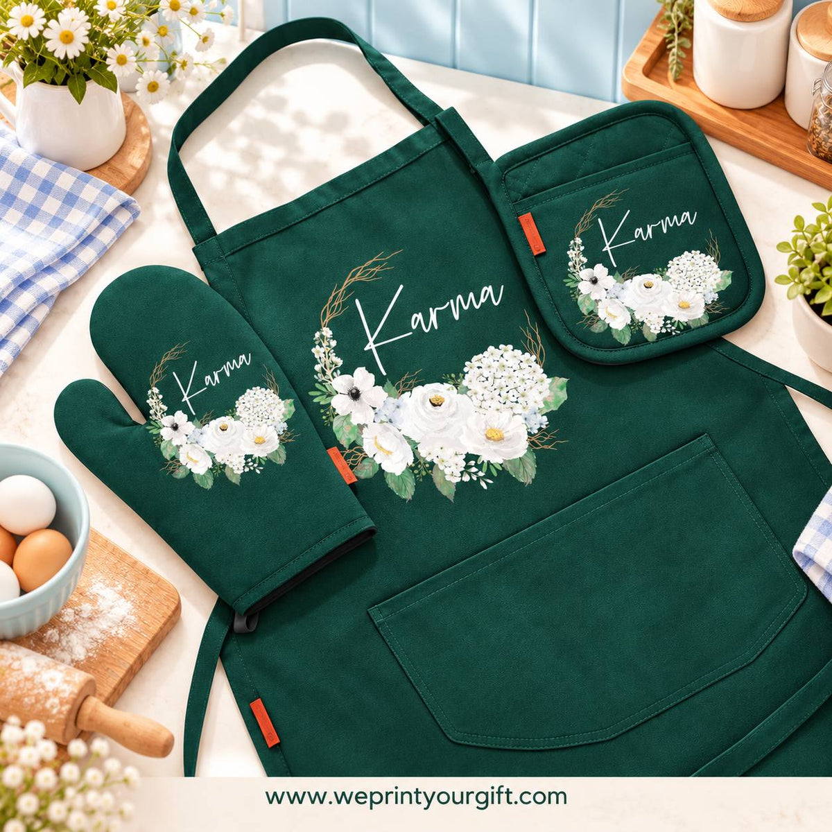 Floral Motivational Quote 3-Piece Kitchen Set (Apron, Oven Mitt & Pot Holder) + Optional Chef Hat, Personalized with Your Name