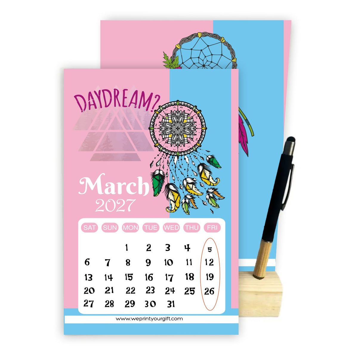 2027 Dream Catcher Desk Calendar – Inspirational Quotes with Wooden Stand & Bamboo Touch Pen