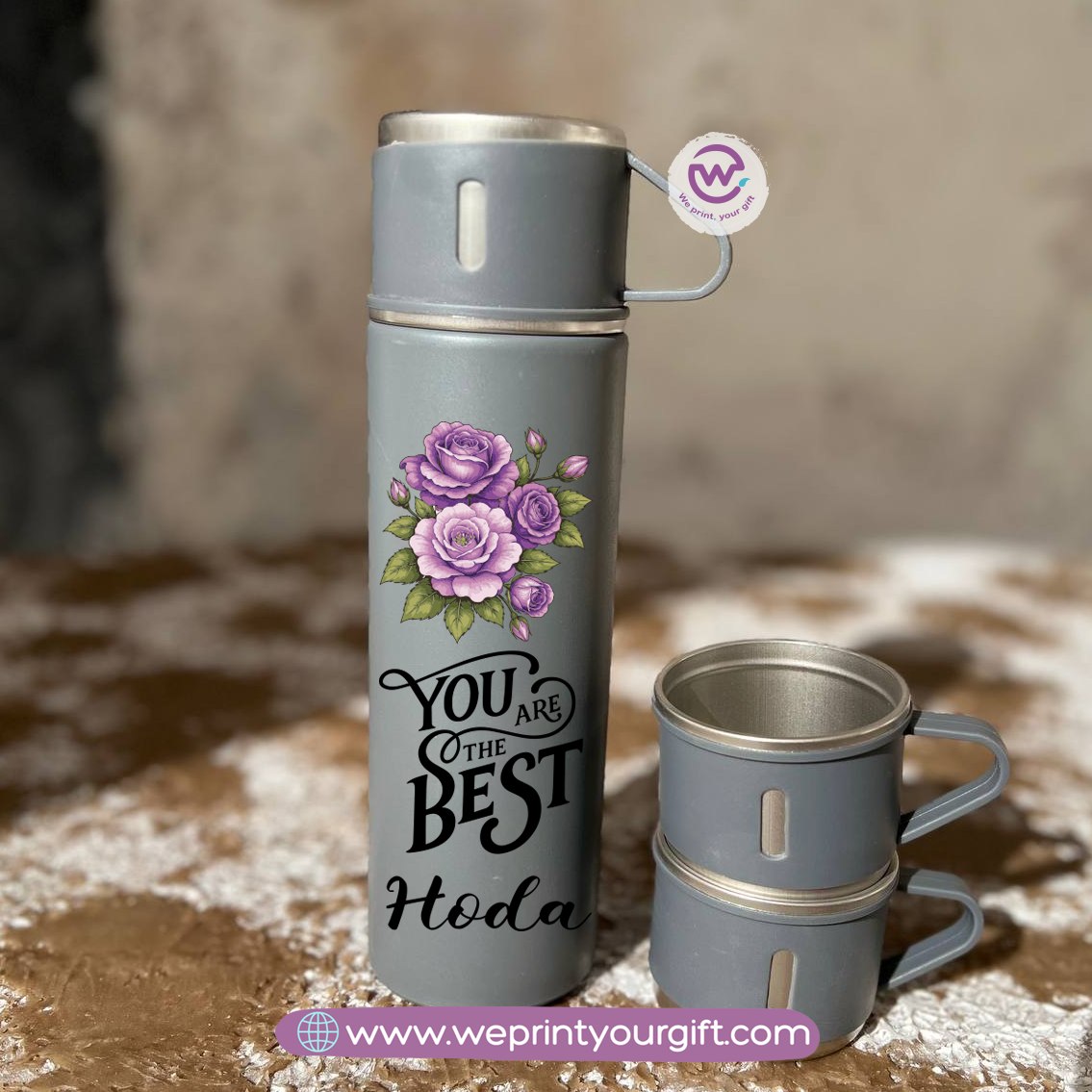 Floral Name Thermal Flask with Two Extra Cups – 500ml