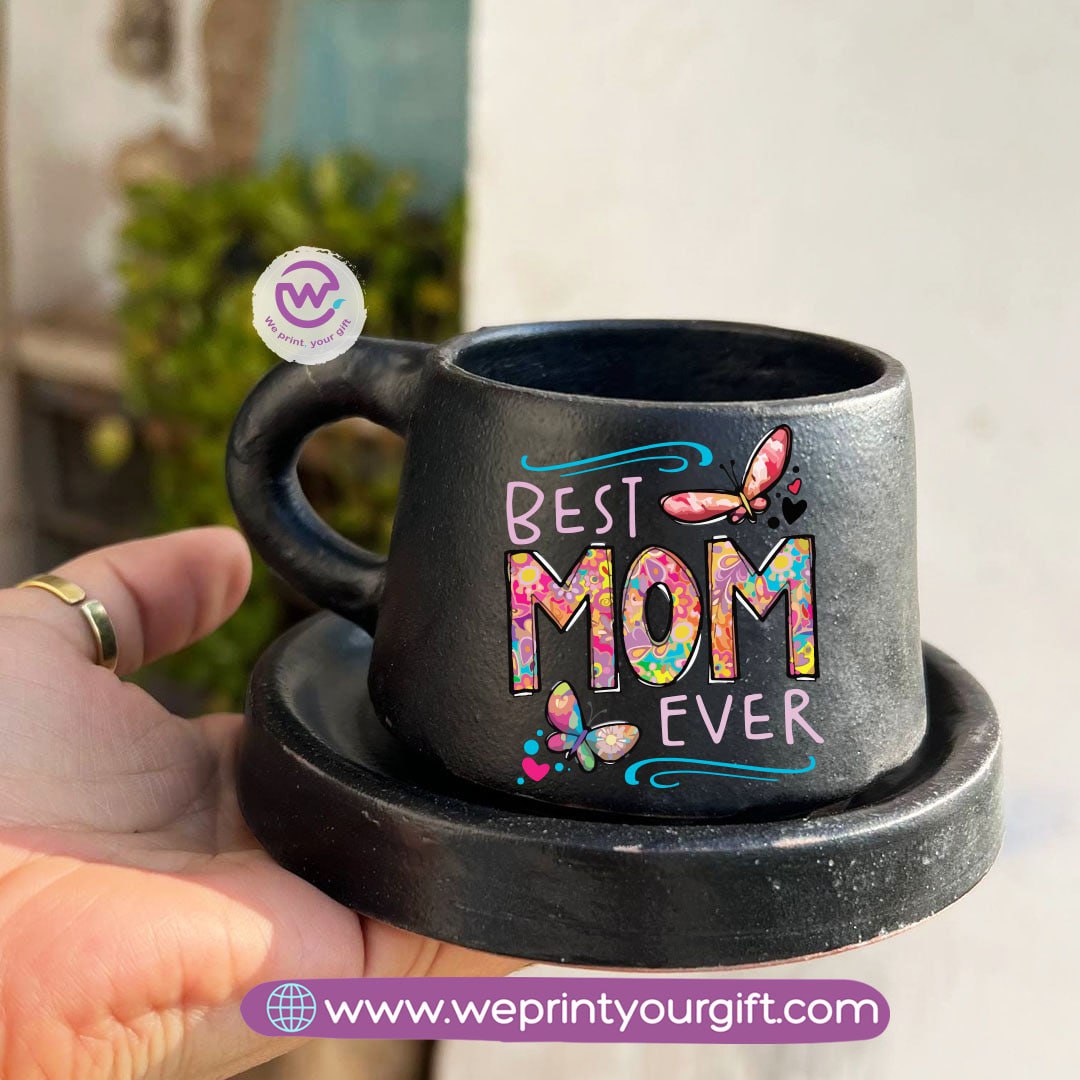 Mother’s Day Black Handmade Pottery Coffee Cup with Saucer – 200 ml | UV Raised Sticker Printing