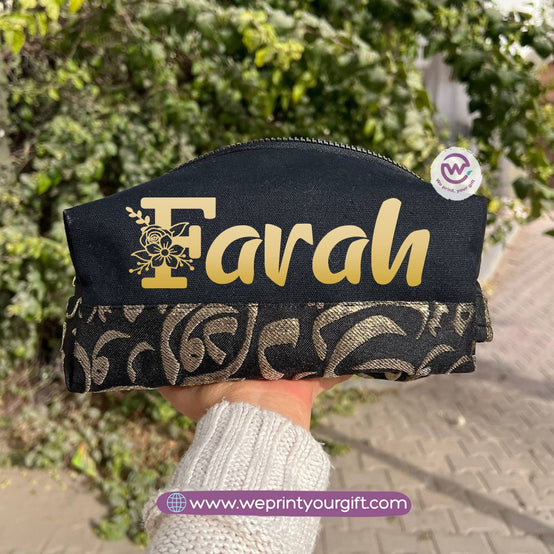 Islamic Pattern Golden Name Boxy Pouch – Personalized Cotton Makeup & Pencil Case