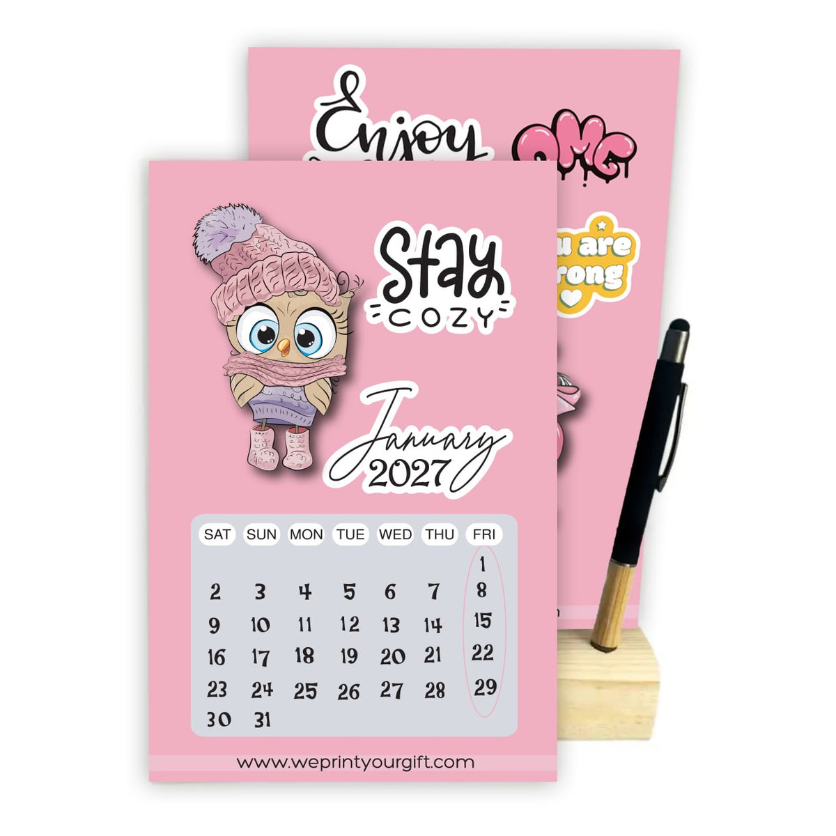 Cute Owl 2027 Desk Calendar with Wooden Stand & Bamboo Stylus Pen – Pink Motivational Collection