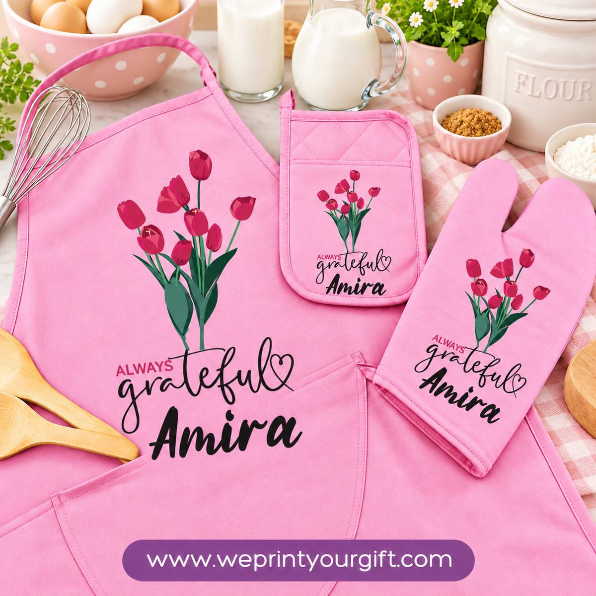 Personalized Name & Motivational Quote 3-Piece Kitchen Set (Apron, Oven Mitt & Pot Holder) + Optional Chef Hat