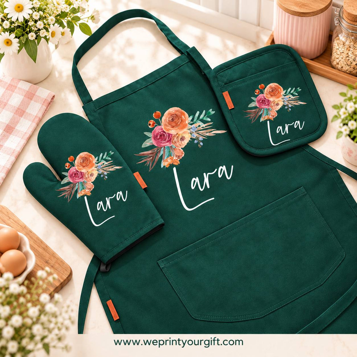 Floral Motivational Quote 3-Piece Kitchen Set (Apron, Oven Mitt & Pot Holder) + Optional Chef Hat, Personalized with Your Name