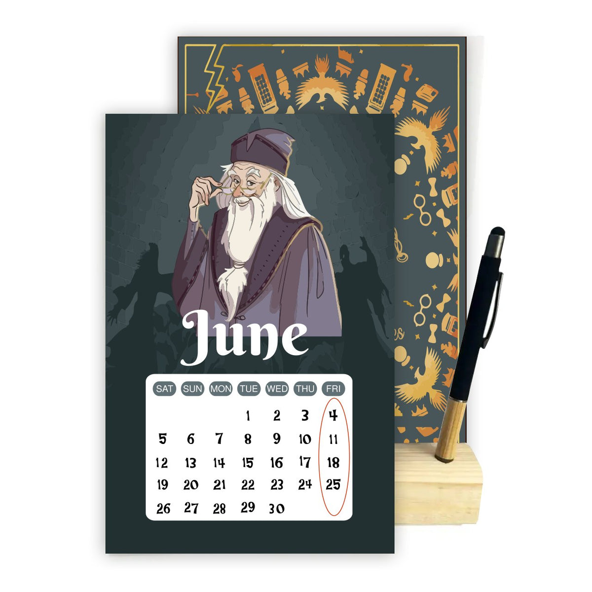 HARRY POTTER 2027 Desk Calendar – Magical Monthly Designs with Wooden Stand & Bamboo Touch Pen