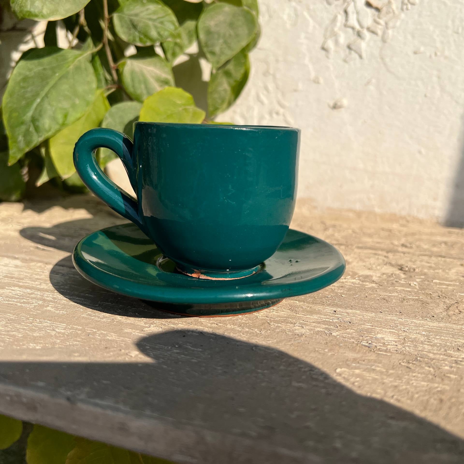 Petrol Green Handmade Pottery Coffee Cup with Saucer – 200 ml | Customization Options