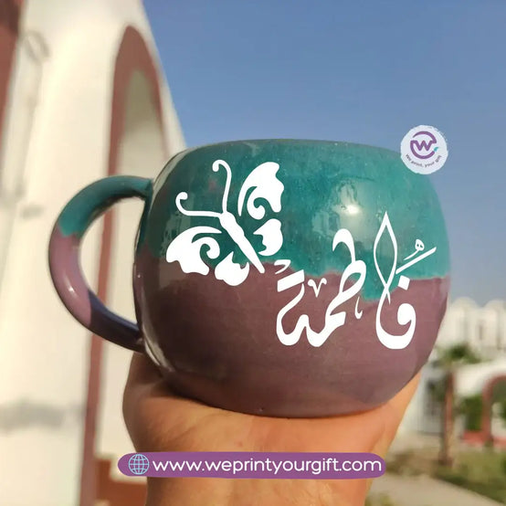 Turquoise & Purple Handmade Pottery Mug – 350 ml | Personalized Arabic Names - WE PRINT