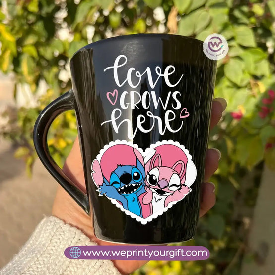 Stitch Valentine’s Edition Black Conical Porcelain Mug – 350 ml | UV Raised Sticker Printing - WE PRINT